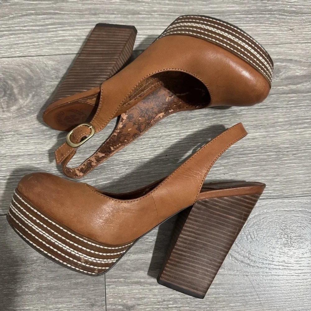Lucky Brand Women's Brown Leather Heels Sz 8.5M Chunky Y2K Slingback Platform - Picture 1 of 13
